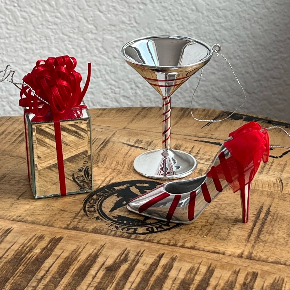 Mirrored Red Striped Ornament Bundle High Heel Shoe Gift Present Martini Glass